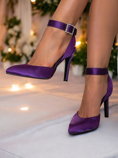 Strap Heels Women's Pointed Purple Ankle Toe – Satin
