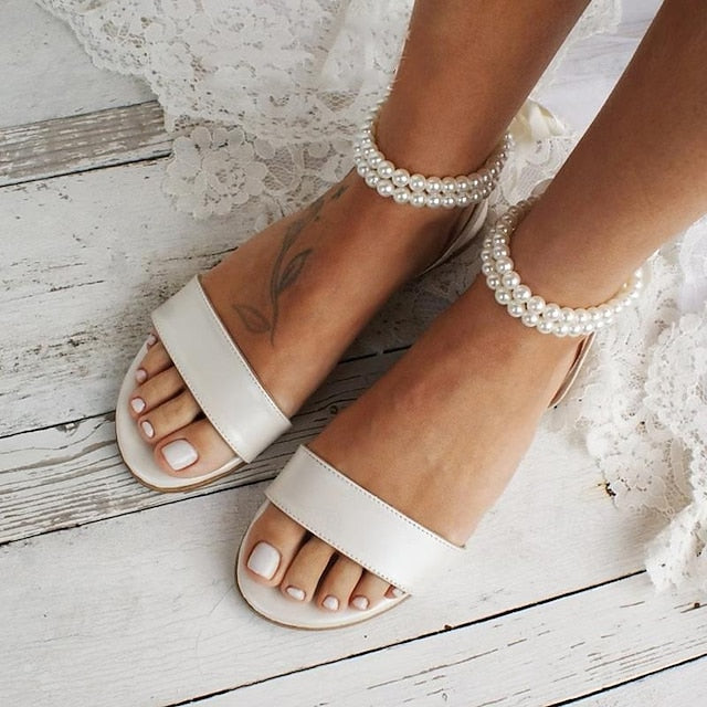 Ankle Sandals – White Strap Flat with Women's Pearl