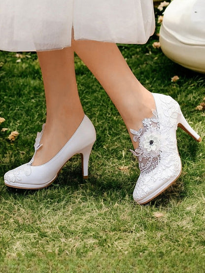 – White Floral Embellishments Lace with High Heel Bridal Shoes