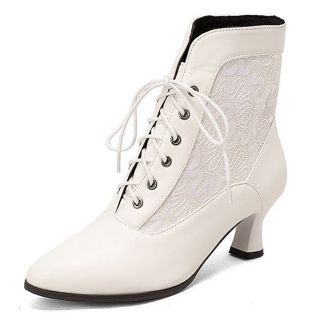 Lace-Up Ankle Women's Boots White Embroidered with Panels