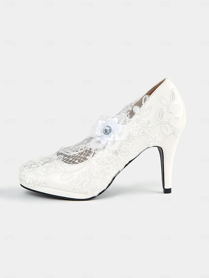 Floral Embellishments High – Shoes White Heel Bridal with Lace