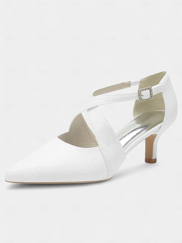 Glitter Cross Heels Rhinestone with Buckle Kitten White Strap