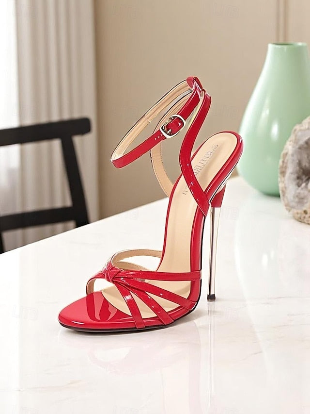 Red - Stiletto Strappy Women's Heels Patent Knot Leather
