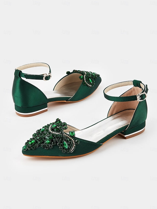 – Gemstone Vintage Pointed-Toe Style Green Embellished Flats
