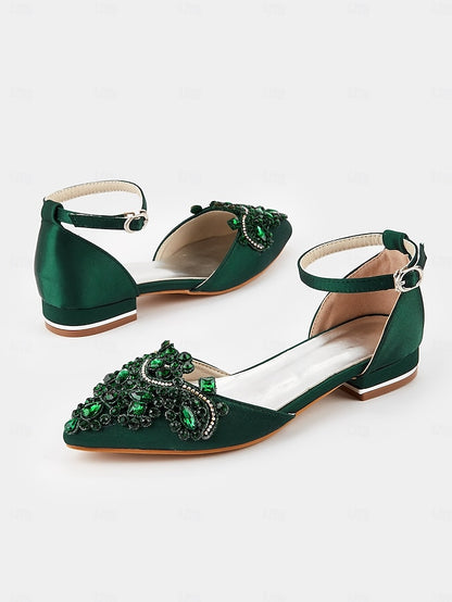 – Gemstone Vintage Pointed-Toe Style Green Embellished Flats