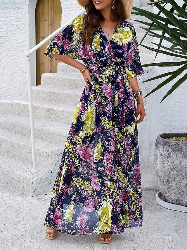 Women's Casual Dress Floral Print V Neck Long Dress Maxi