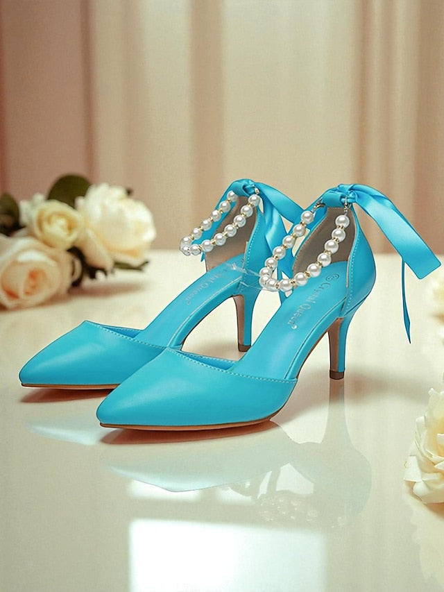 Ankle with Strap Bow Women's Pearl Heel - Kitten Pumps Blue