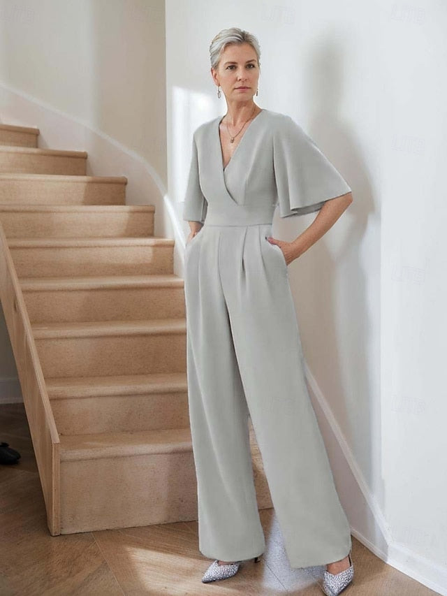 Neck Mother of Simple the Jumpsuit V Minimalist Bride Elegant