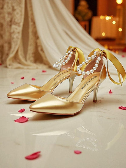 Ankle with Strap Bow Women's Pearl Heel - Kitten Pumps Blue