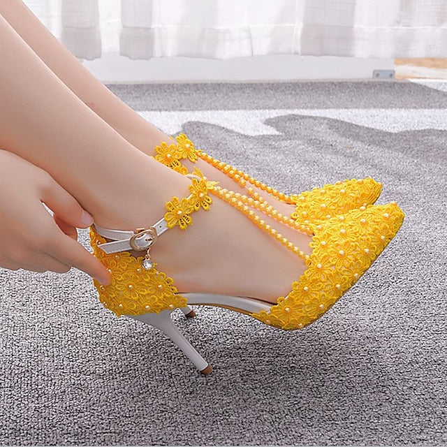 Heel Bridal Pointed Women's Lace Wedding Shoes High