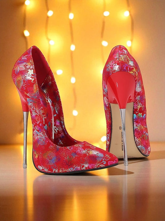 Red Jacquard Women's Stiletto Heels High