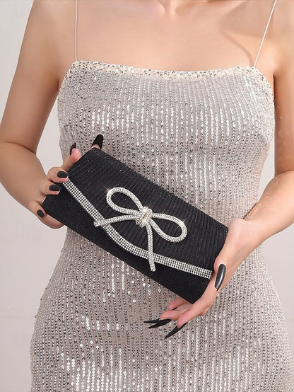 Blue Rhinestone Clutch Purse with Bow Glitter Accent