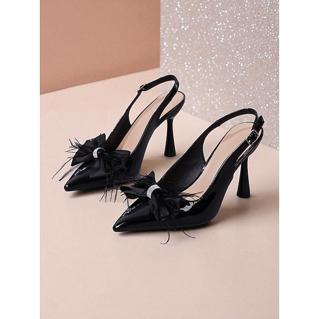 Heels Women's Patent with Feather Leather Slingback Black
