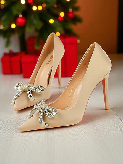Stiletto with Crystal Orange Women's Heels Pointed Bow -