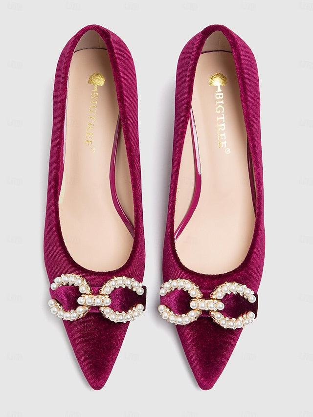 Bow Kitten with Pearl Pumps - Velvet Burgundy Heel Women's