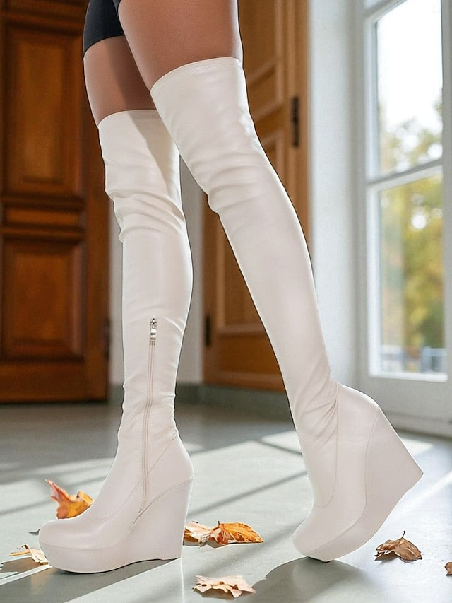 Black Heel Faux Over Boots Knee - Women's the Wedge Leather