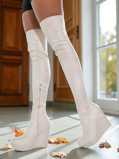 Black Heel Faux Over Boots Knee - Women's the Wedge Leather