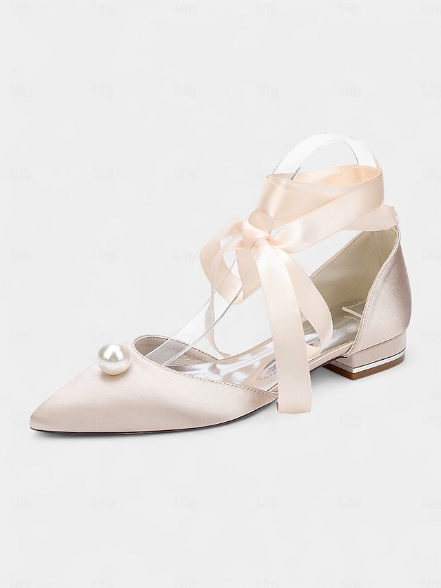 - Pointed Toe Navy Women's Pearl Satin Embellished Flats