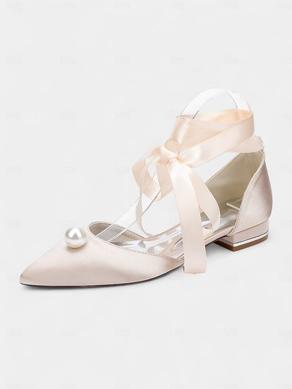 - Pointed Toe Navy Women's Pearl Satin Embellished Flats