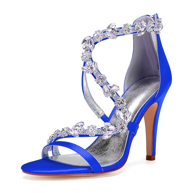 Floral Pink Sandals with High Heel Rhinestone Women's Satin