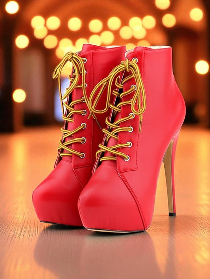 Boots Platform Beige Ankle - Women's Lace-Up Leather Faux