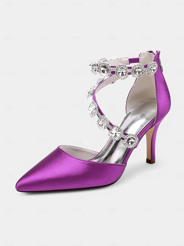 Satin Ankle Heels Crystal with Women's Purple Stiletto
