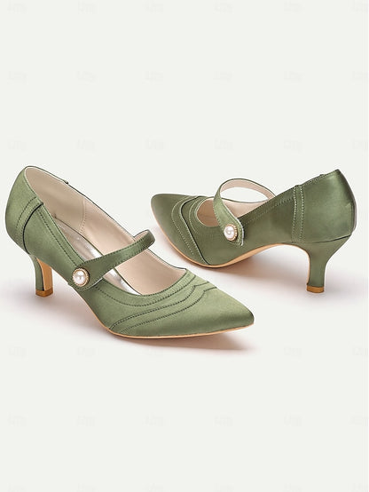 Elegant Green Heels - Button Satin Jane Pearl Mary with