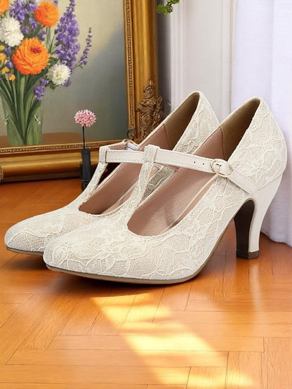 Mid T-Strap Lace Vintage Ivory Pumps-1920s Heel Women's