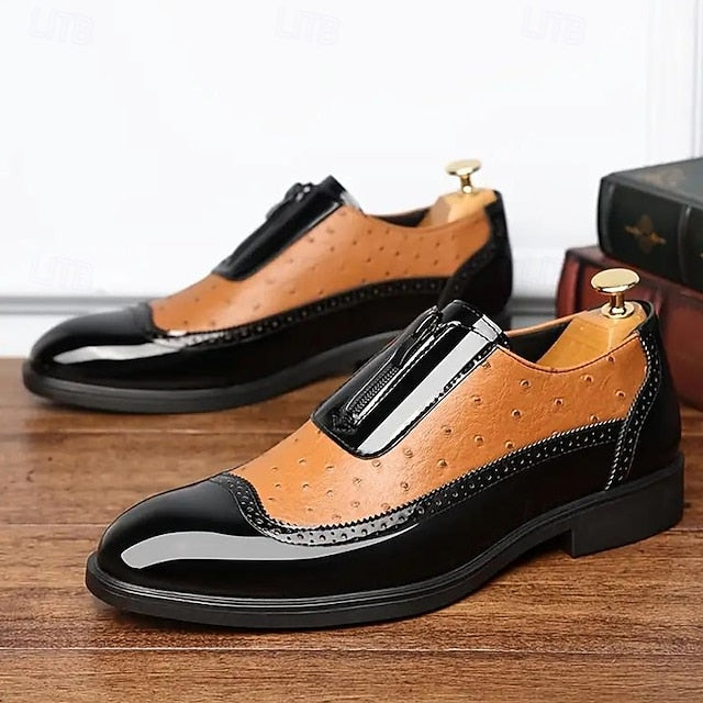 Patent Black Formal and Colorblock Men's Tan Shoes with