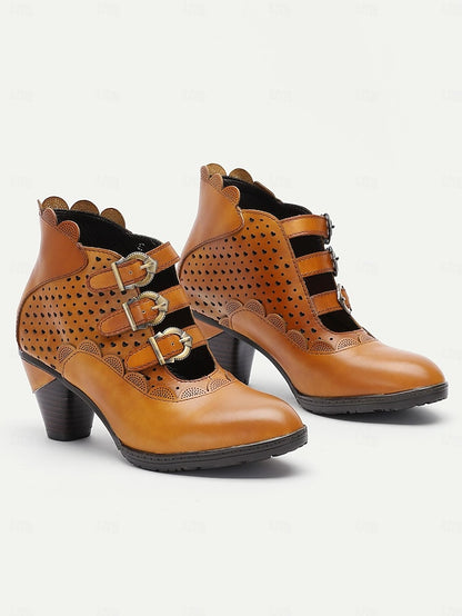 Boots Perforated Buckle Brown Women's - Vintage Strap Ankle