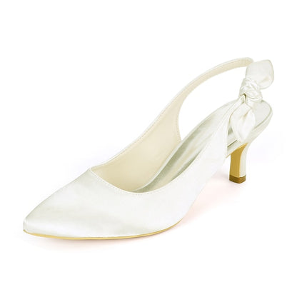 Heels - Women Tie for Toe Slingback Pointed Bow White with