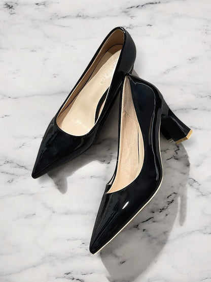 Pumps Patent Faux Pointed-Toe Heel Glossy Leather Green Block