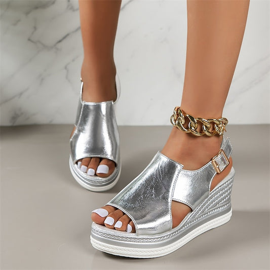 Wedge Metallic Women's with Silver Open-Toe Buckle Sandals