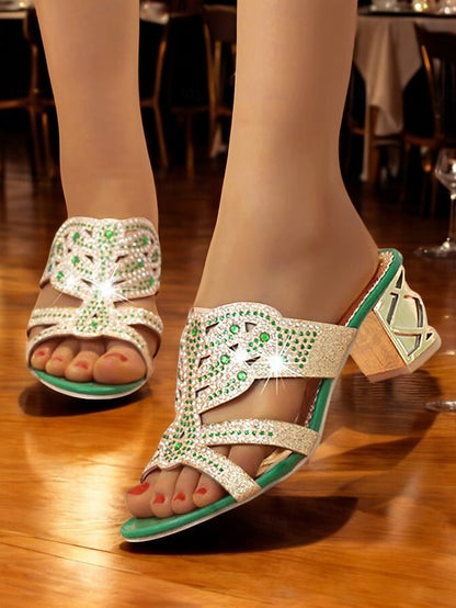 Rhinestone Green Embellished and - Sandals Heeled Gold