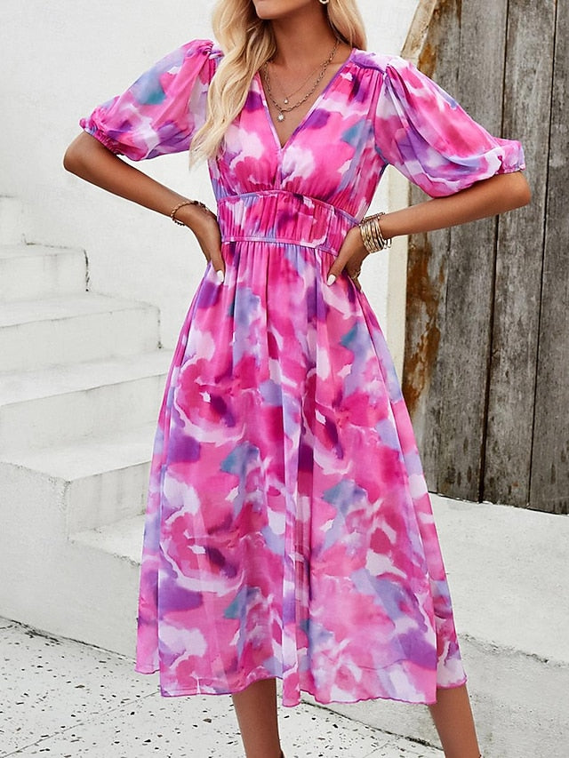 Women's Casual Dress Floral Print V Neck Midi Dress Ethnic