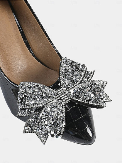 with Leather Patent Women's Bow Black Heels Glitter Wedge