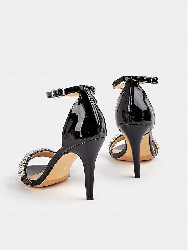 Patent Heel Black Sandals Rhinestone Leather High with