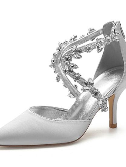 Heels Satin Women's White Pointed Crystal Strap – Elegant