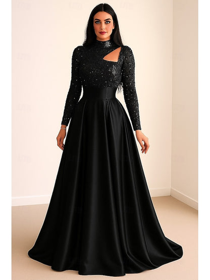 A-Line Evening Gown Carnival Sequined Black Dress Elegant Formal