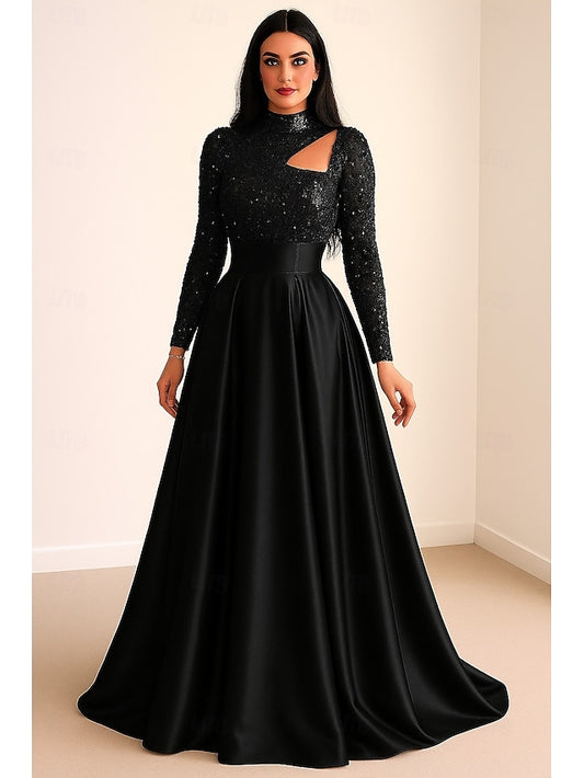 A-Line Evening Gown Carnival Sequined Black Dress Elegant Formal