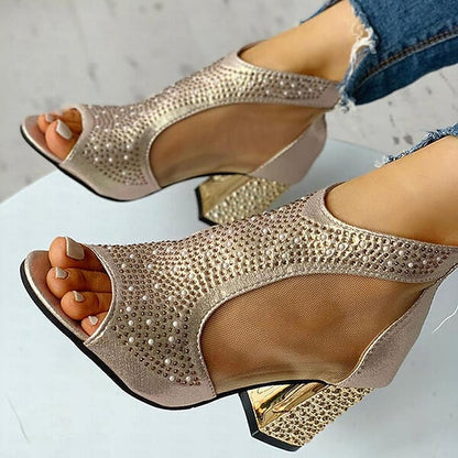 Elegant Gold Sandals Toe Women's with Peep Heeled Glitter
