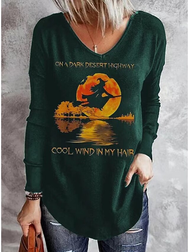 Women's T shirt Witch Long Sleeve V Neck Long Sleeve Tunic