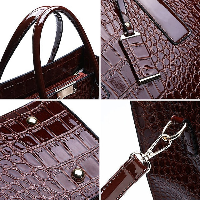 Black Crocodile Women's Leather Pattern Handbag with Patent