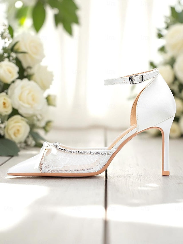 Satin White Heels High Lace Women's