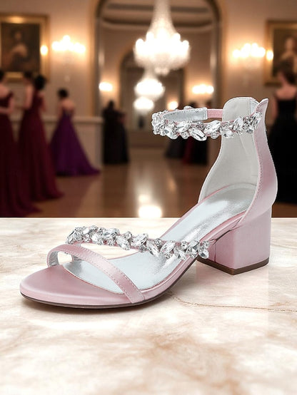Purple Satin Crystal Sandals - Women's Heel Block
