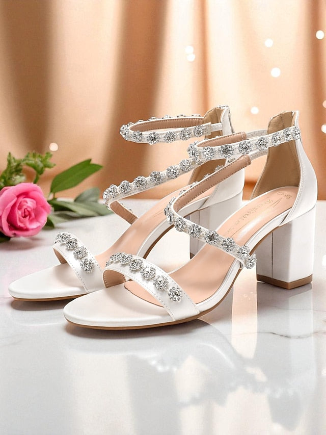 Elegant White Sandals Women's Block Rhinestone Heel - Open