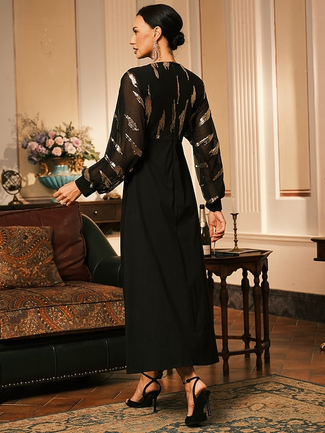 Women's Long Dress Sheer Feather Print Sleeves V-neck Black