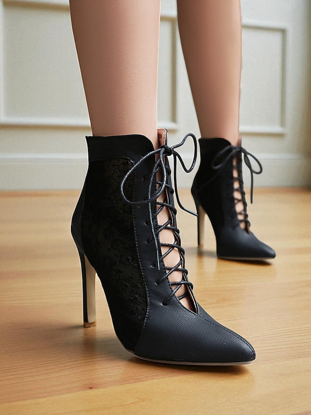 Stiletto Ankle Heels Mesh Women's Booties White Lace with