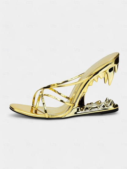 Sculpted Sandals Unique Heel Metallic Gold Design with Flat -
