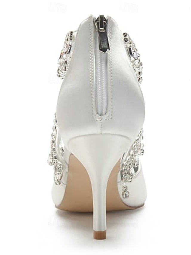 Heels Satin Women's White Pointed Crystal Strap – Elegant